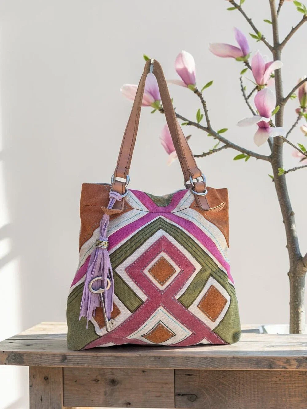 Fossil Vintage Jesse Suede & Canvas Embellished Patchwork Tote - Picture 1 of 10